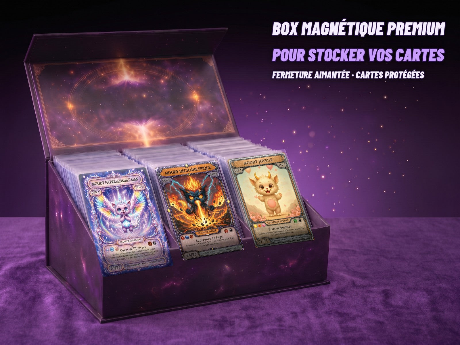 La Moodbox remplie de cartes sous sleeves : une box magnétique premium pour stocker vos cartes