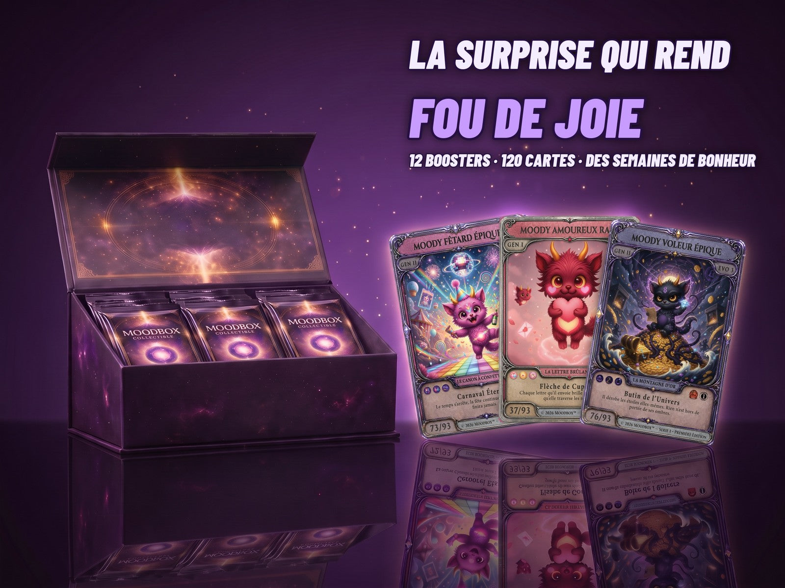 La Moodbox ouverte et trois cartes des Moodys : la surprise qui rend fou de joie