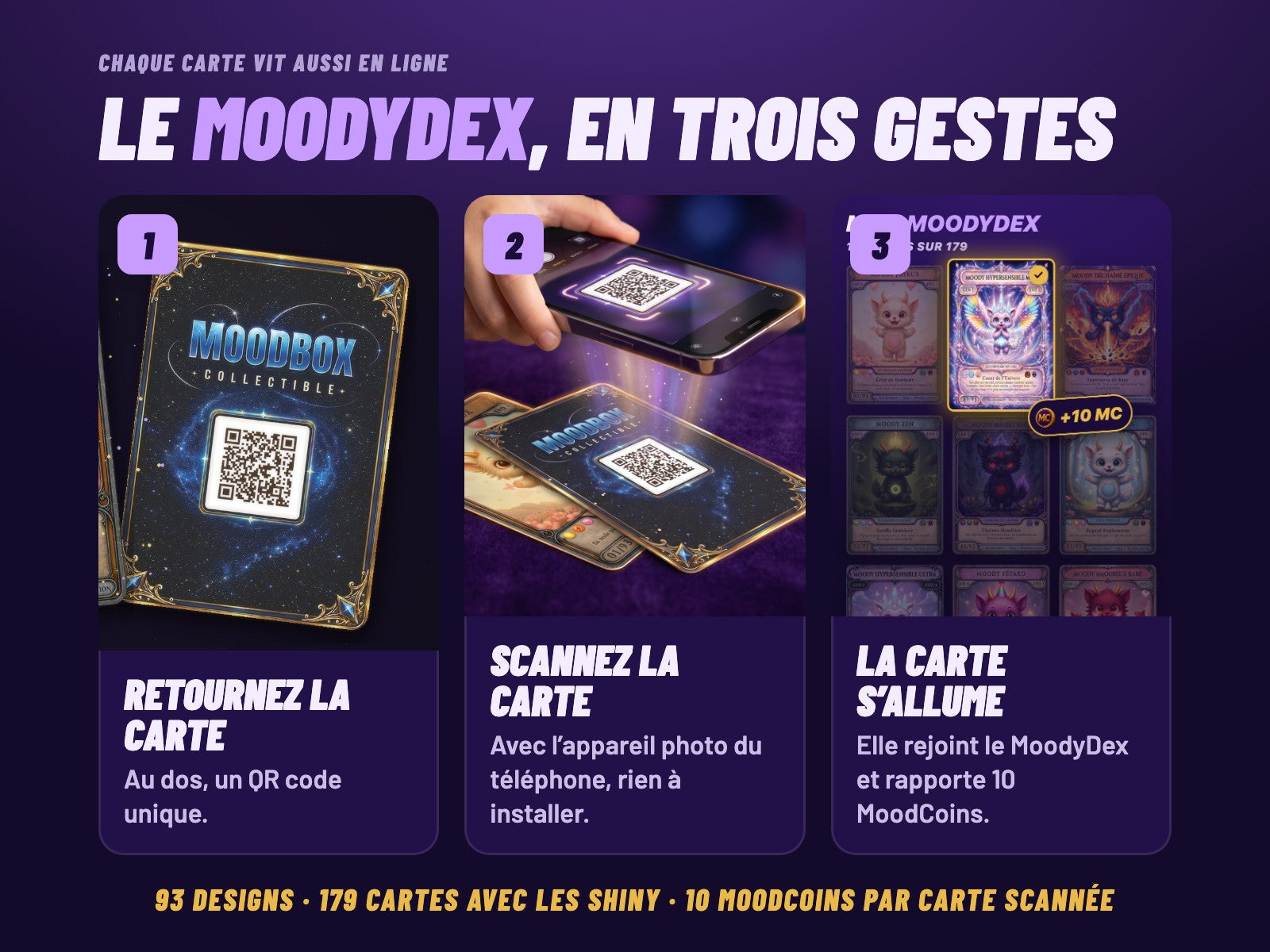 Le MoodyDex en trois gestes : retournez la carte, scannez la carte, elle s’allume et rapporte 10 MoodCoins