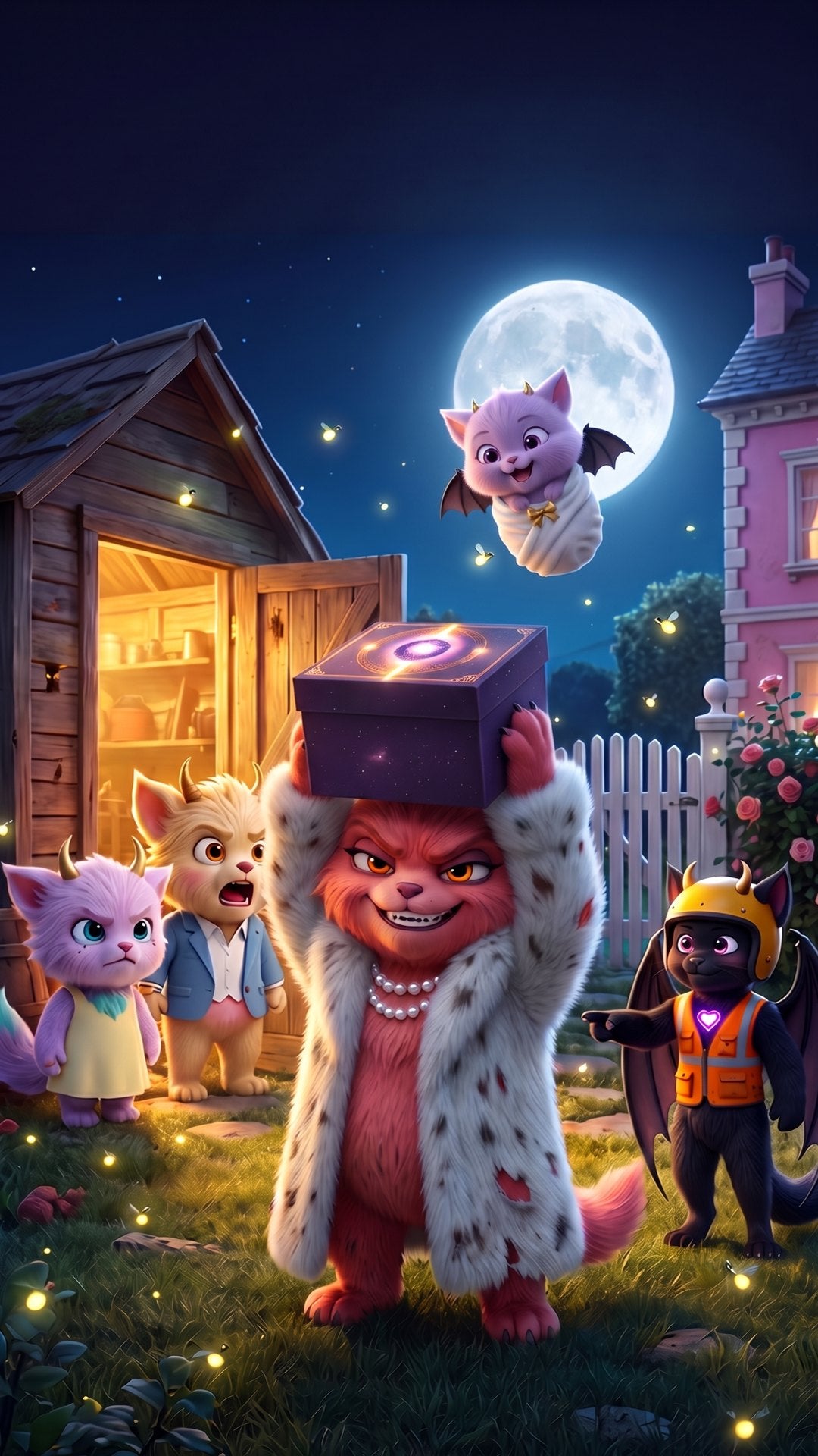 La grand-mère brandit la Moodbox volée devant la remise, la famille la regarde, le bébé ailé vole sous la lune