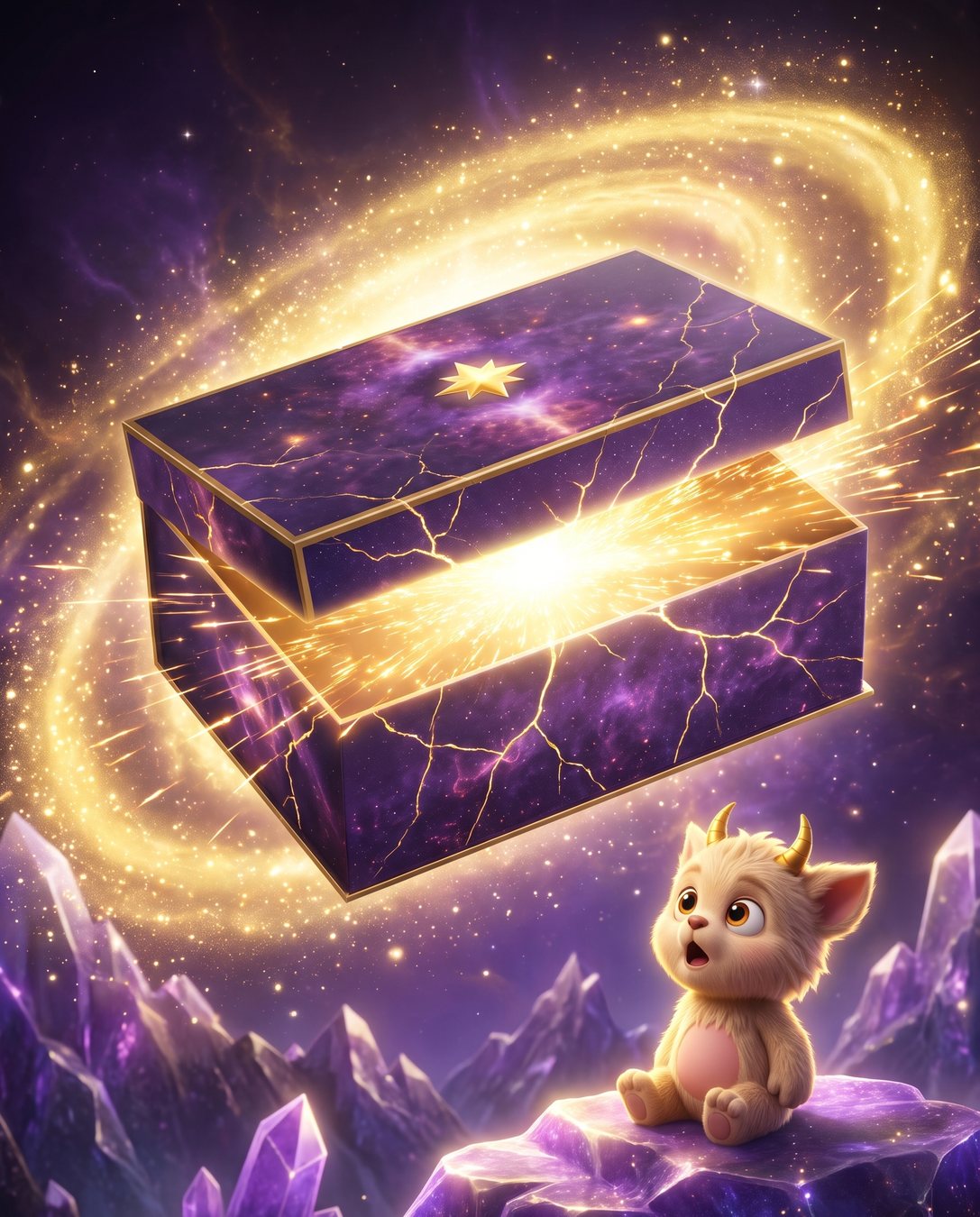 La Moodbox se fissure de lumière au-dessus des montagnes de cristal, Joyeux la regarde bouche bée