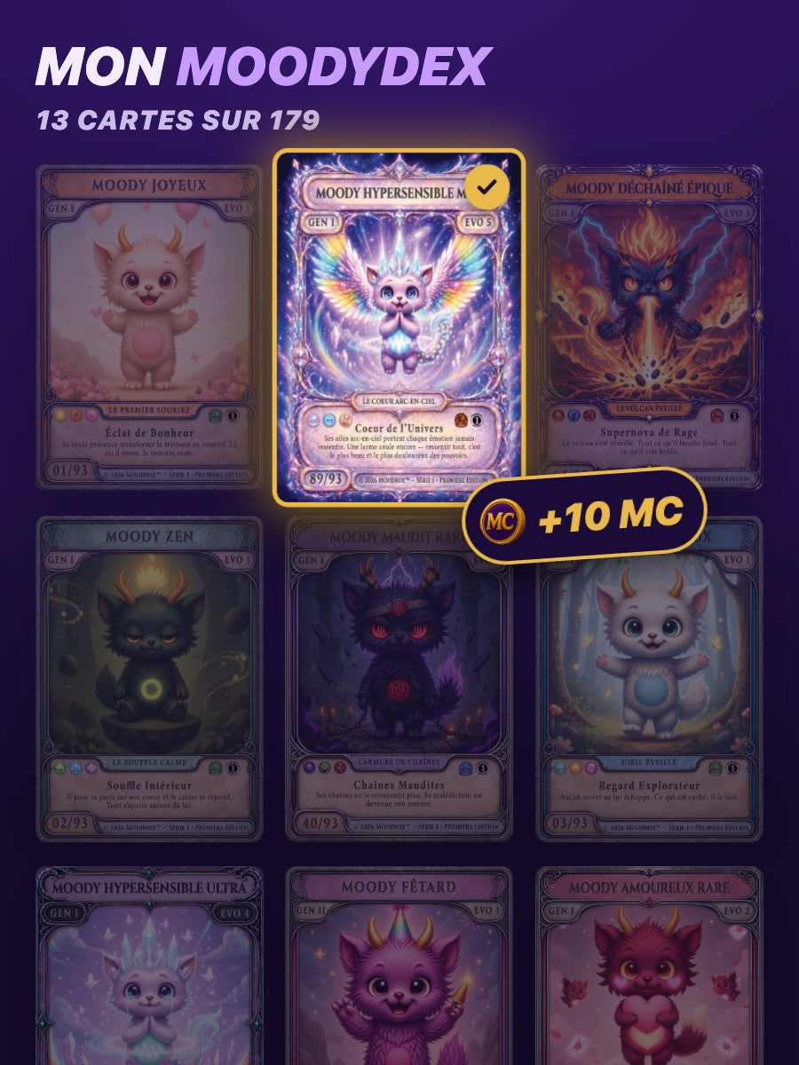 Le MoodyDex avec une carte débloquée, entourée d’or, et +10 MC