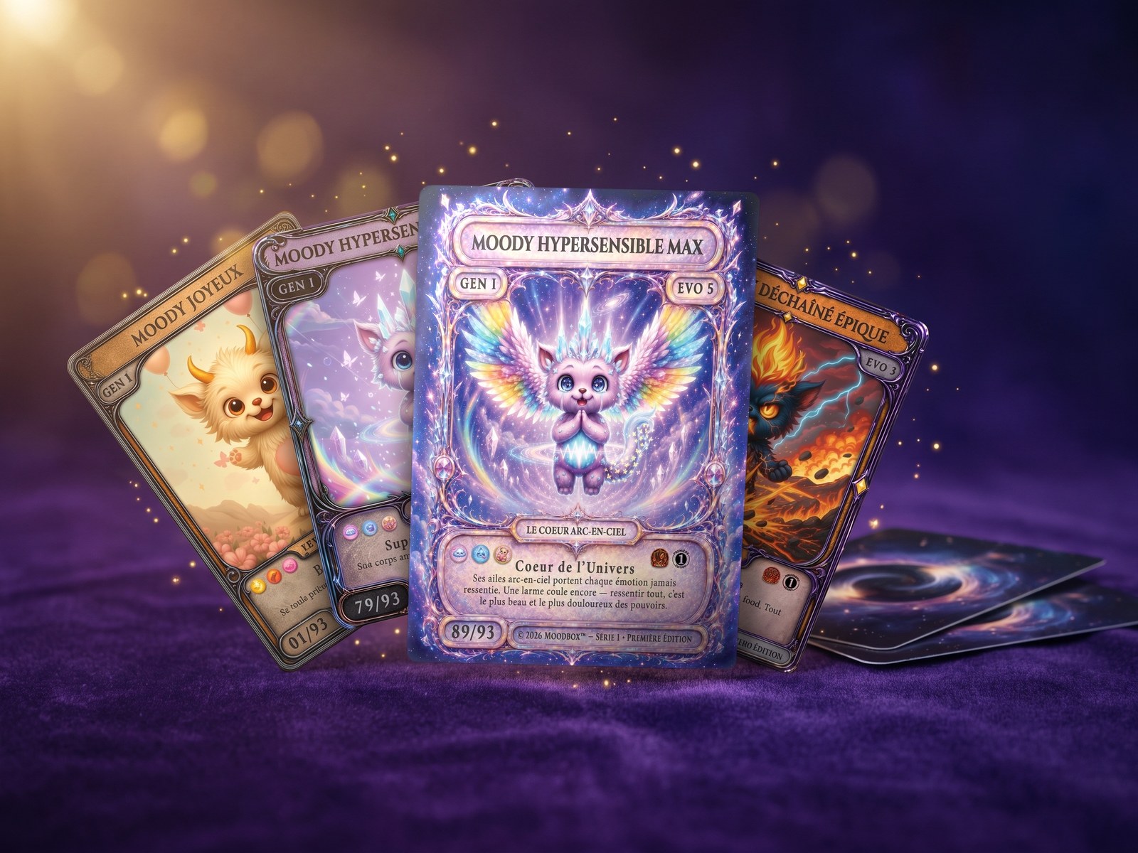 Quatre cartes Moodbox en éventail sur du velours violet