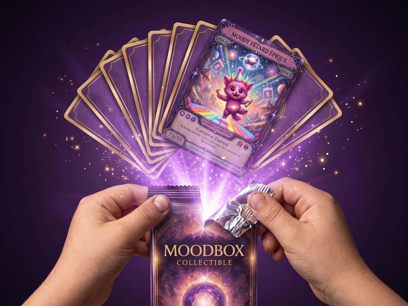 Des mains ouvrent un booster, les cartes jaillissent
