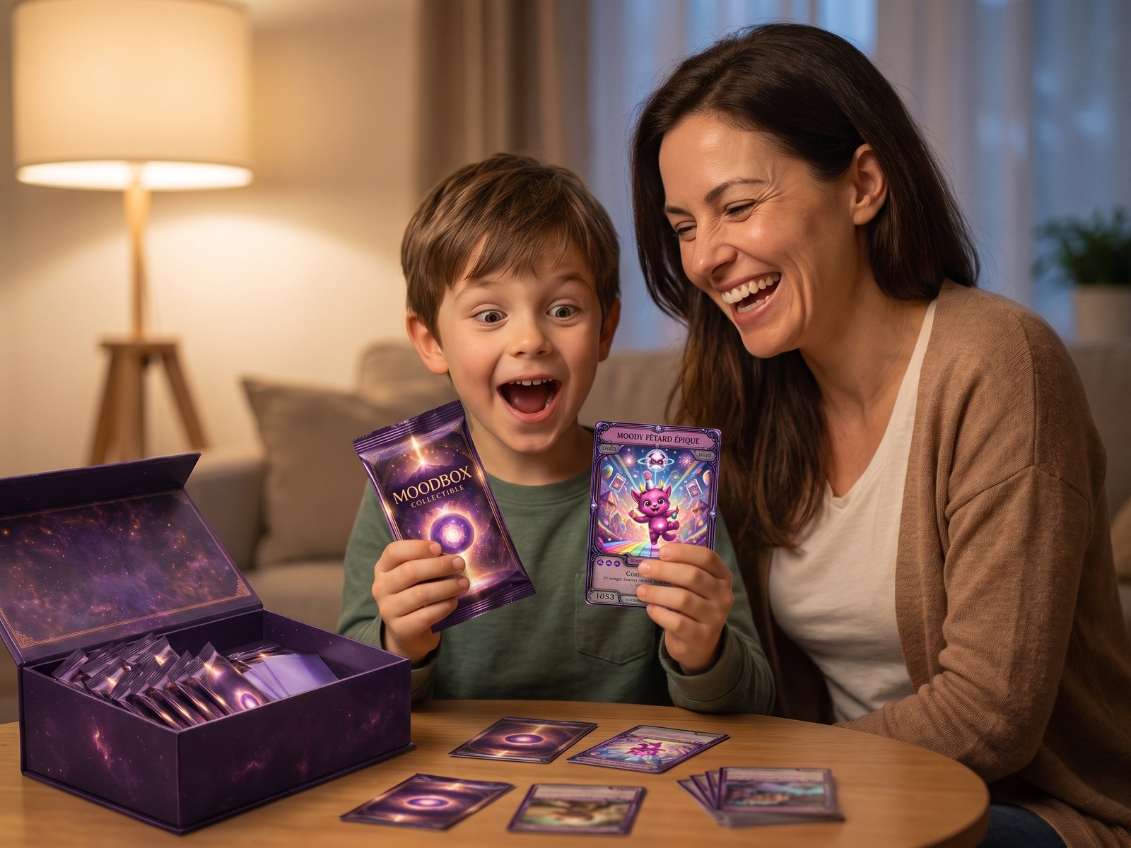 Un parent et son enfant ouvrent la Moodbox, fous de joie