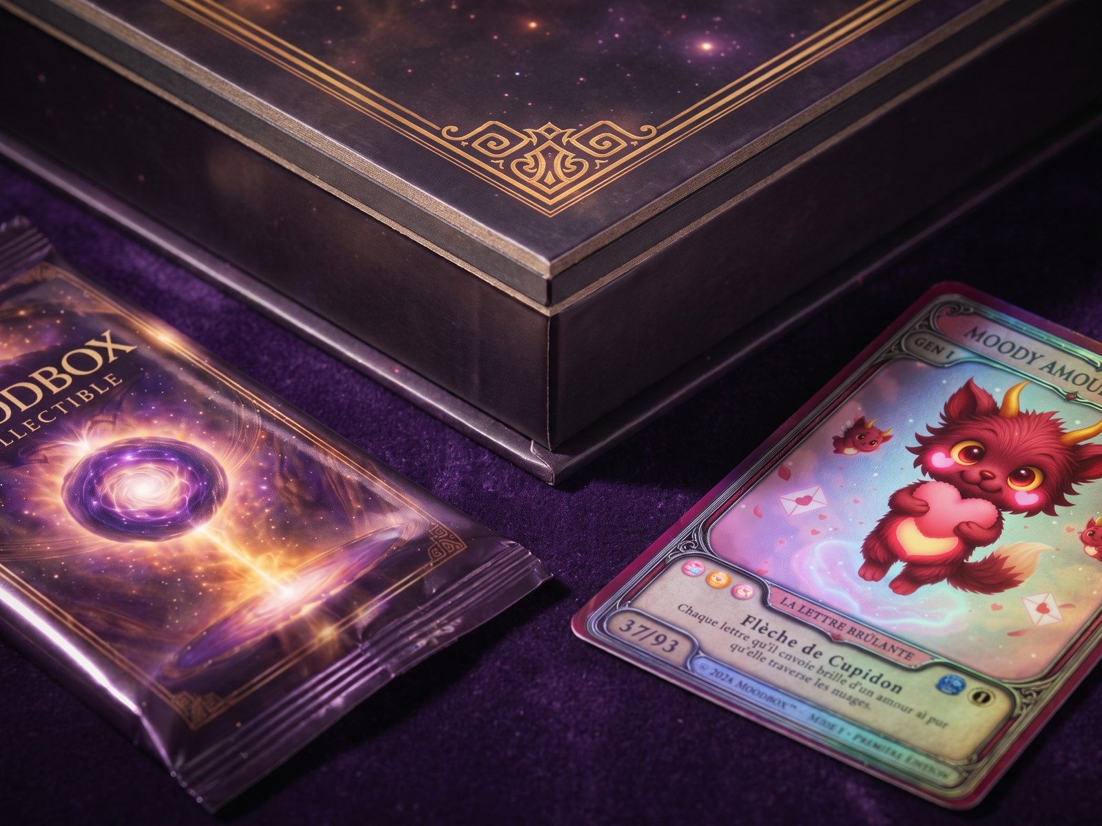 Gros plan sur la box, un booster scellé et une carte brillante