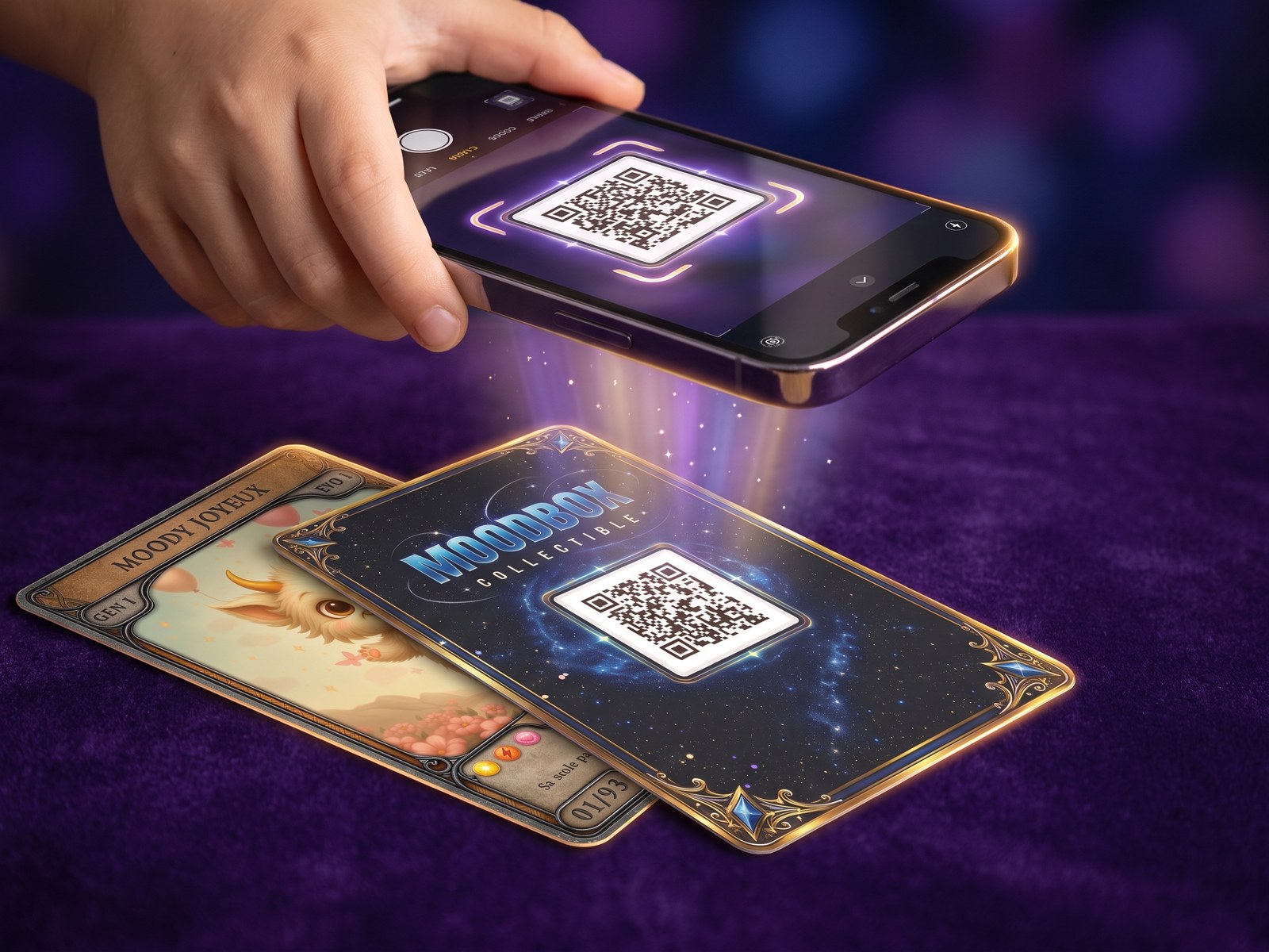 Un téléphone scanne une carte, QR code au dos