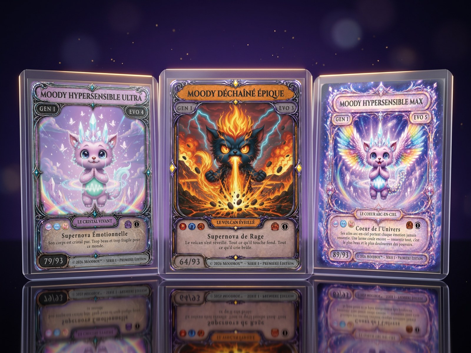 Trois cartes protégées dans leurs sleeves